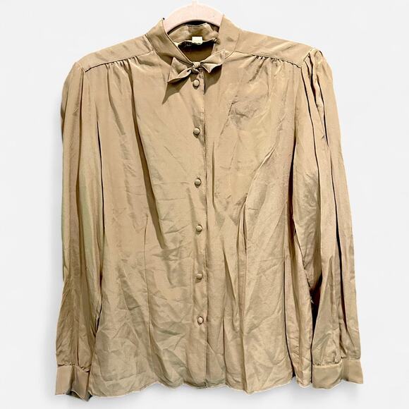 Vintage 100% Silk Brown Button Down Blouse Classic Effortless Minimalist - Picture 3 of 8